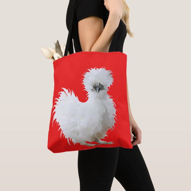 Bolsa Tote Silly Silkie Chicken on Red (Close Up)