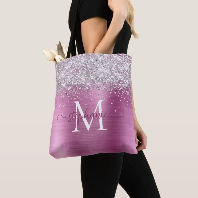 Bolsa Tote Silver Faux-Glitter Girly Glam Rosa Personalizado (Close Up)