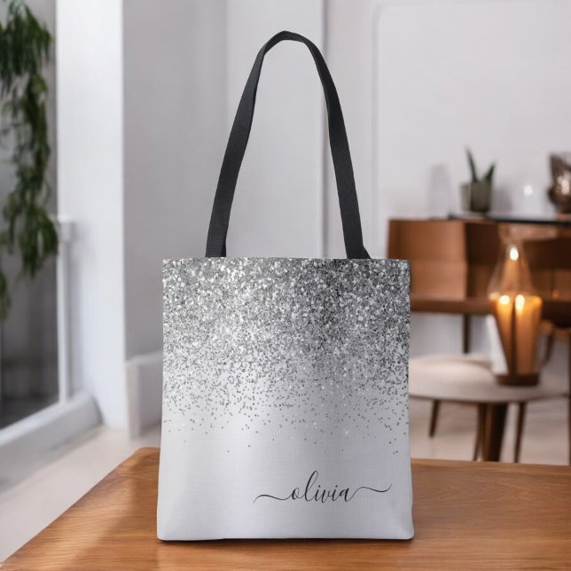 Bolsa Tote Silver Glitter Monograma Nome Luxury Girly (Criador carregado)