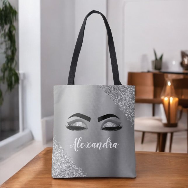 Bolsa Tote Silver Glitter Sparkle Eyelashes Monograma (Criador carregado)