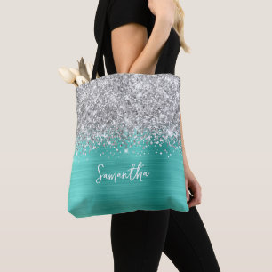 Bolsa Tote Silver Glitter Turqoise Glam