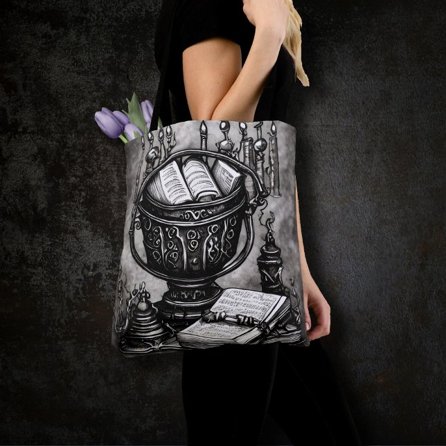 Bolsa Tote Silvery Steampunk Cauldron Spellbooks and Potions (Criador carregado)