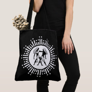 Bolsa Tote Símbolo do Zodíaco de Gêmeos com Estrelas Preto e