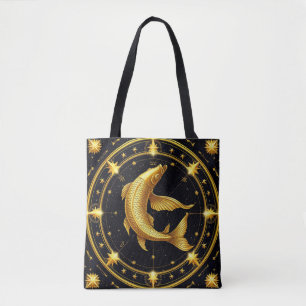 Bolsa Tote Símbolo Zodiacal de Peixes Dourados Rodeado por Es