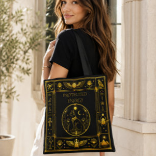Bolsa Tote Símbolos do Antigo Egito em Padrão Preto Dourado L