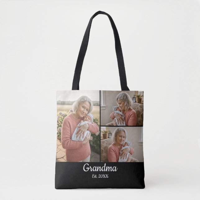 Bolsa Tote Simple Script Grandma Est. 3 Photo Year (Frente)