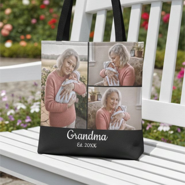 Bolsa Tote Simple Script Grandma Est. 3 Photo Year (Criador carregado)