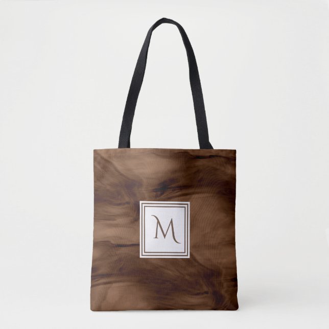 Bolsa Tote Simples Castanho Escuro Sutil Marble Monograma Mod (Frente)