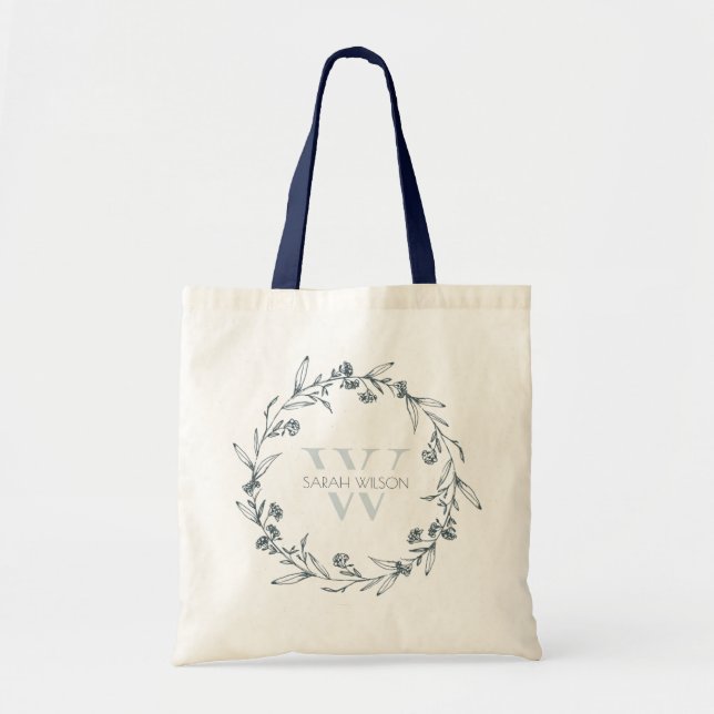 Bolsa Tote Simples Elegante Floral Laurel Wreath Monograma (Frente)