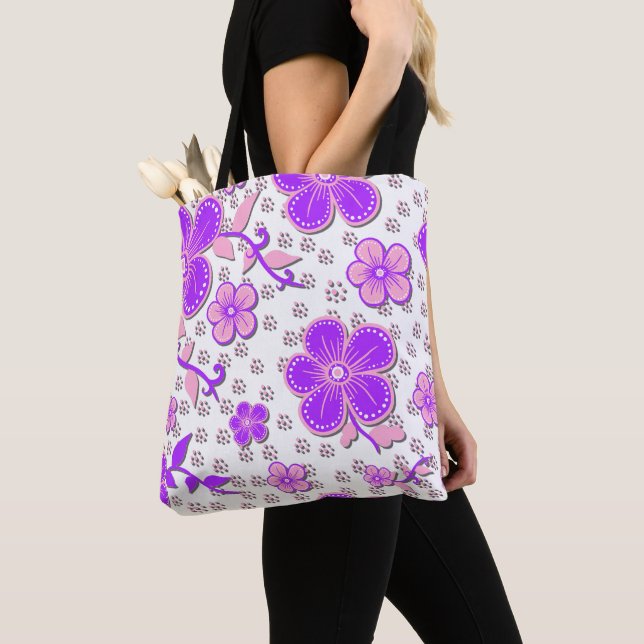Bolsa Tote Simples Floral Aquarela Impressão púrpura e rosa (Close Up)