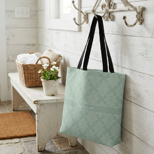 Bolsa Tote Simples Flores Brancas de Damasco Verde Claro Mode