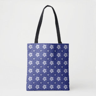Bolsa Tote simples padrão azul floral sólido retrógrado peque