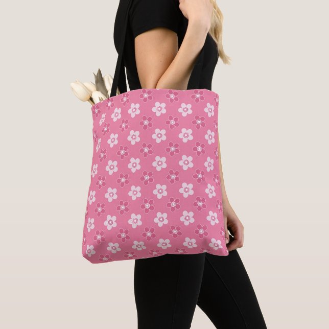 Bolsa Tote simples padrão floral sólido rosa retrofluxo peque (Close Up)
