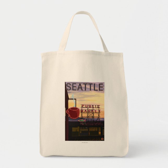 Bolsa Tote Sinal de Mercado e Vista de Água do Seattle Pike (Frente)