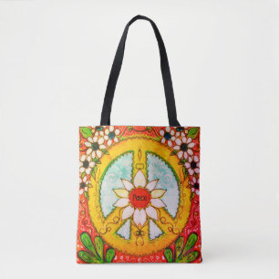 Bolsa Tote Sinal de Paz e Daisy Hippie Bohemian Love