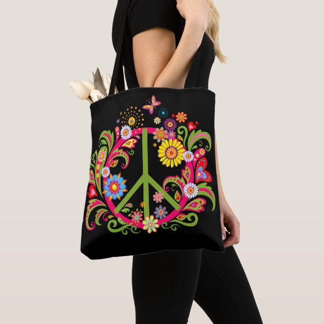 Bolsa Tote Sinal de Paz Floral em Preto (Close Up)
