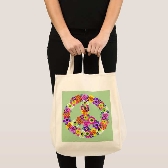 Bolsa Tote Sinal de Paz Floral em Verde Claro (Frente (produto))