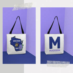 Bolsa Tote Sinalizador Wisconsin e Flor Azul Violeta Nome Per