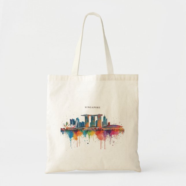 Bolsa Tote Singapore city retro watercolor Skyline (Frente)