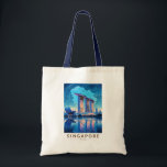 Bolsa Tote Singapura Marina Bay Night Viagem Art Vintage<br><div class="desc">Singapura retro vetor viagem design. Marina Bay é uma área de alto escalão de arranha-céus,  hotéis elegantes e shoppings de luxo. É conhecida pela torre da roda-gigante Singapura Flyer Ferris e pelos conservatórios de flores e superárvores coloridas de jardins pela baía.</div>