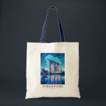 Bolsa Tote Singapura Marina Bay Night Viagem Art Vintage<br><div class="desc">Singapura retro vetor viagem design. Marina Bay é uma área de alto escalão de arranha-céus,  hotéis elegantes e shoppings de luxo. É conhecida pela torre da roda-gigante Singapura Flyer Ferris e pelos conservatórios de flores e superárvores coloridas de jardins pela baía.</div>