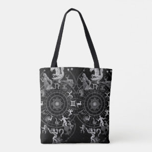 Bolsa Tote Sinos Astrológicos do Zodíaco Preto + Branco em um