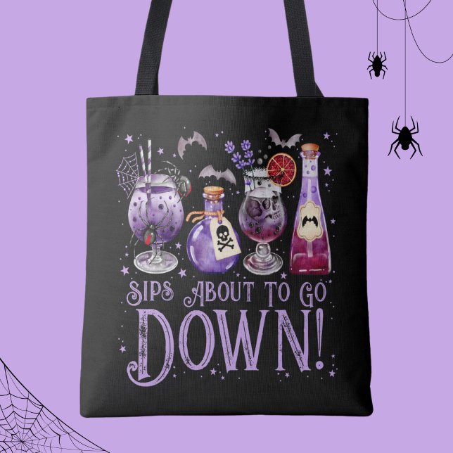 Bolsa Tote Sips prestes a descer os coquetéis do Dia das Brux (Sips About to Go Down Halloween Cocktails Tote Bag)