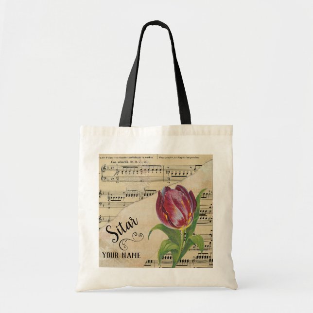 Bolsa Tote Sitar Tulip Vintage Sheet Music Personalizada (Frente)