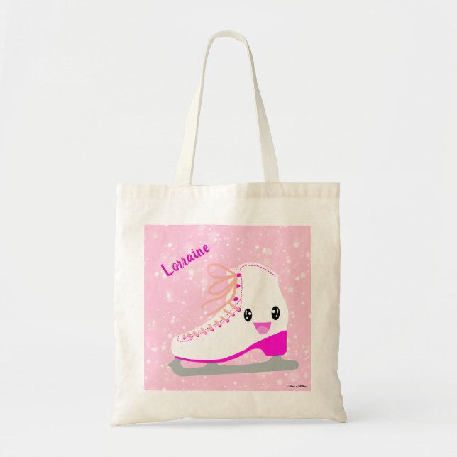 Bolsa Tote Skate de gelo branco personalizado Kawaii, Pink Sk (Frente)