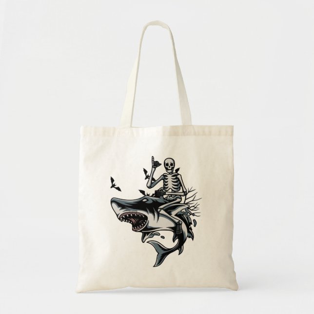 Bolsa Tote Skeleton Riding Shark Dias de as Bruxas engraçados (Frente)