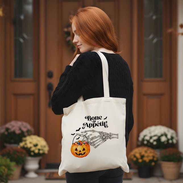 Bolsa Tote Skeleton Skeleton Mão Óssea Trick Ou Tratar (Spooky Skeleton Hand Bone Appétit Trick Or Treat Tote Bag)