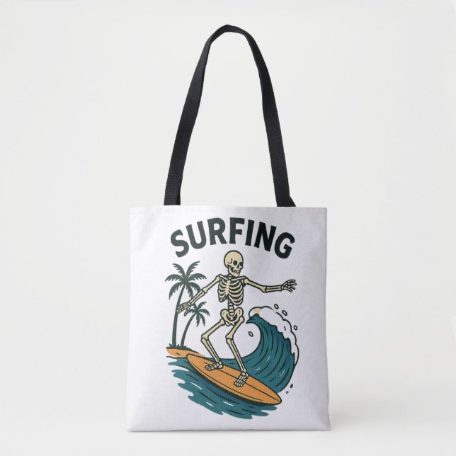 Bolsa Tote Skeleton Surfing Retro Beach Wave Design (Frente)