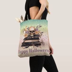 Bolsa Tote Skull Books Rosas Douradas e Cinzas Feliz Hallowee