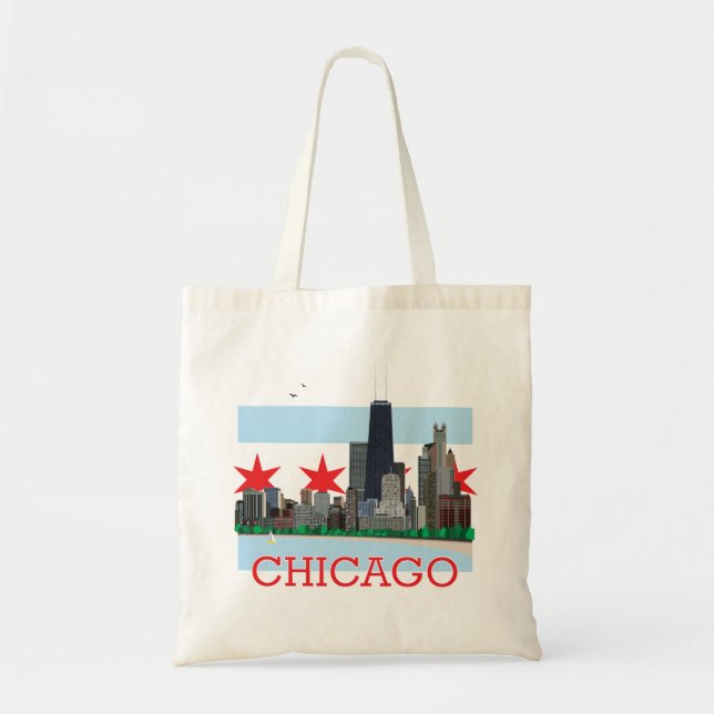Bolsa Tote Skyline de Chicago e bandeira da cidade (Frente)