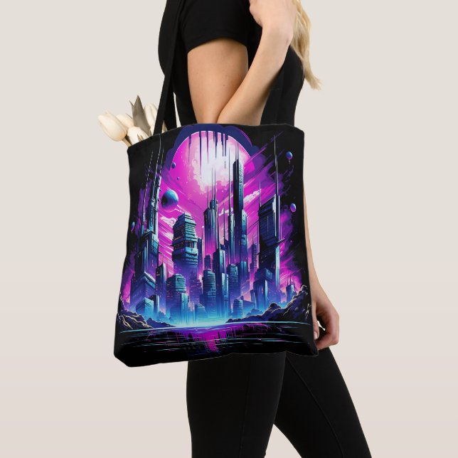 Bolsa Tote Skyline Neon Futurística CyberScape (Close Up)