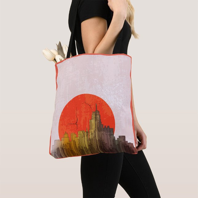 Bolsa Tote Skyline Urbano com Cityscape Cinza Vermelho (Criador carregado)