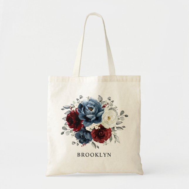 Bolsa Tote Slate Blue Burgundy White Ivory Floral Casamento (Frente)