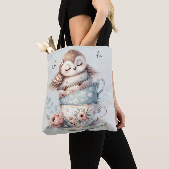 Bolsa Tote Sleeping Owl in Stacked Floral Teacups (Close Up)