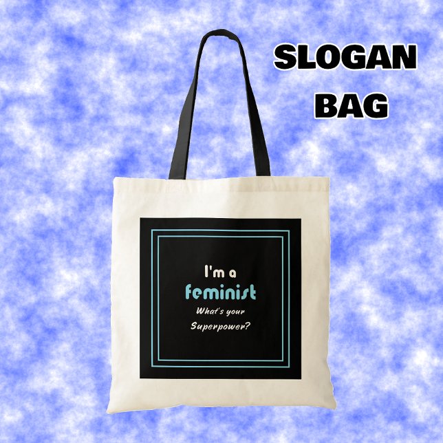 Bolsa Tote Slogan de superpotência feminista branco a preto (Criador carregado)