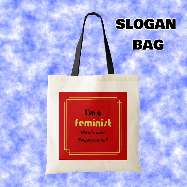 Bolsa Tote Slogan de superpotência feminista negro em vermelh (Criador carregado)