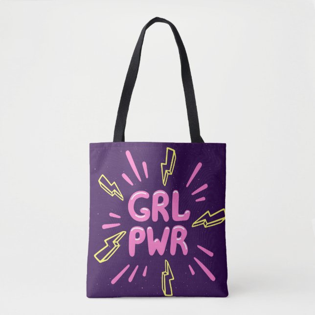 Bolsa Tote Slogan feminista do poder feminino, fundo violeta. (Frente)