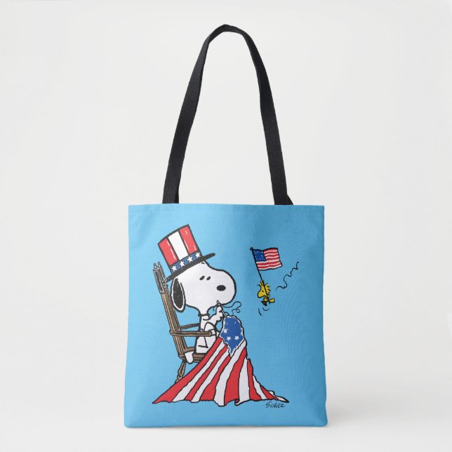 Bolsa Tote Snoopy Sewing 4 de julho Flag (Frente)