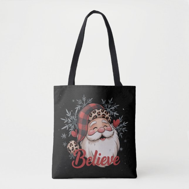 Bolsa Tote Snowman Acredita em Papais noeis Xadrezes vermelho (Frente)