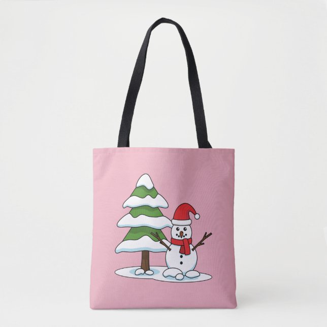 Bolsa Tote Snowman com Snowy Pine Tree (Frente)