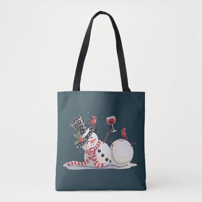 Bolsa Tote Snowman De Natal Com Bebendo De Presente De Vinho (Frente)