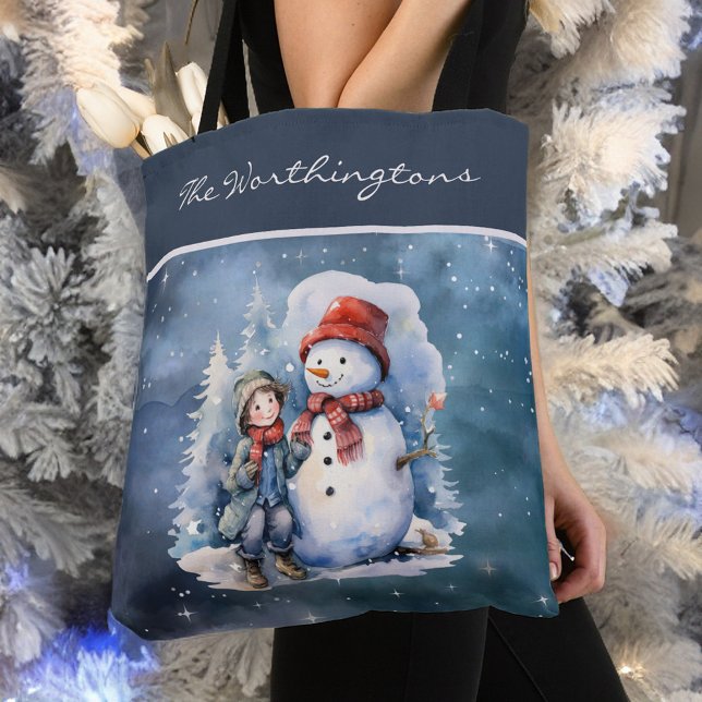 Bolsa Tote Snowman e Boy com Scarves Starry Night Monograma (Criador carregado)