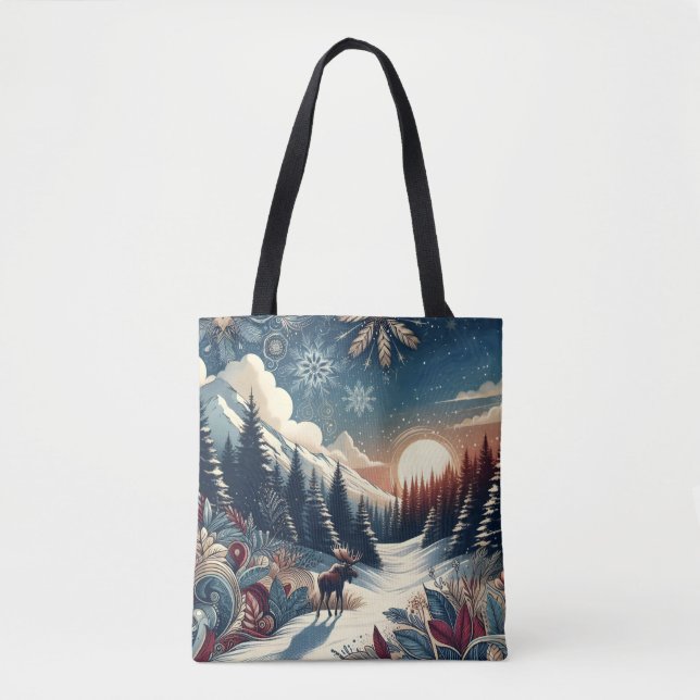 Bolsa Tote Snowy Night Moose Forest Mountain Boho (Frente)