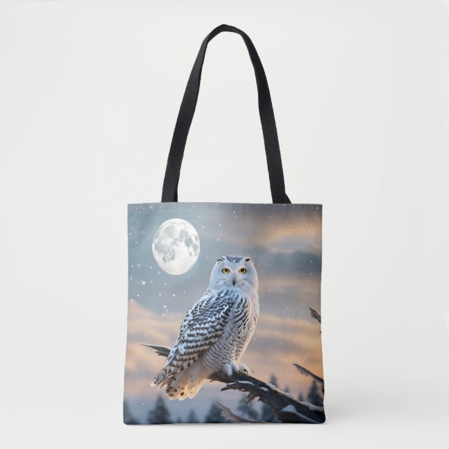 Bolsa Tote Snowy Owen em Lua de inverno com neve caindo (Frente)