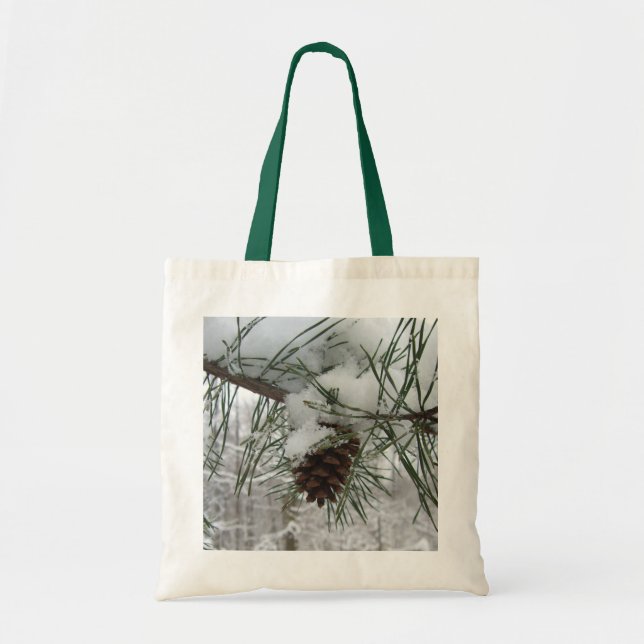 Bolsa Tote Snowy Pine Branch Winter Nature Fotografia (Frente)