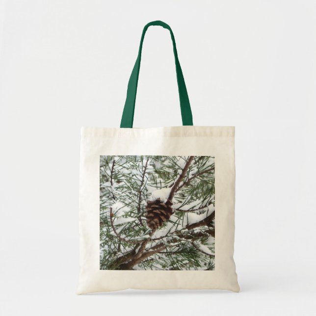 Bolsa Tote Snowy Pine Cone II Fotografia de inverno (Frente)
